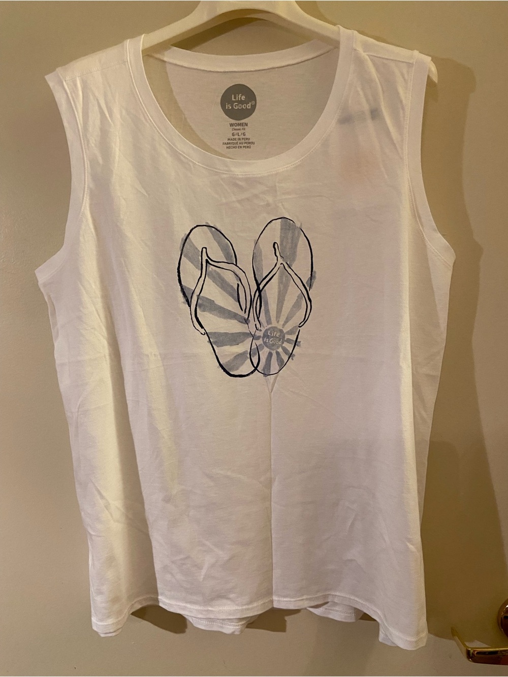 Life Is Good Women’s White Sleeveless Tee with Blue Flip Flop Graphic
